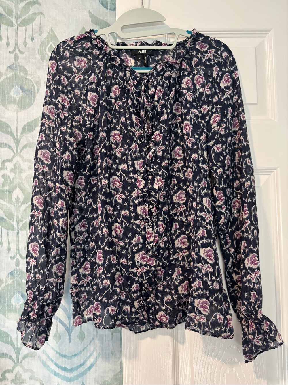 PAIGE Silk Black Floral Ruffle-Front Long Sleeve Blouse with Pink Flowers